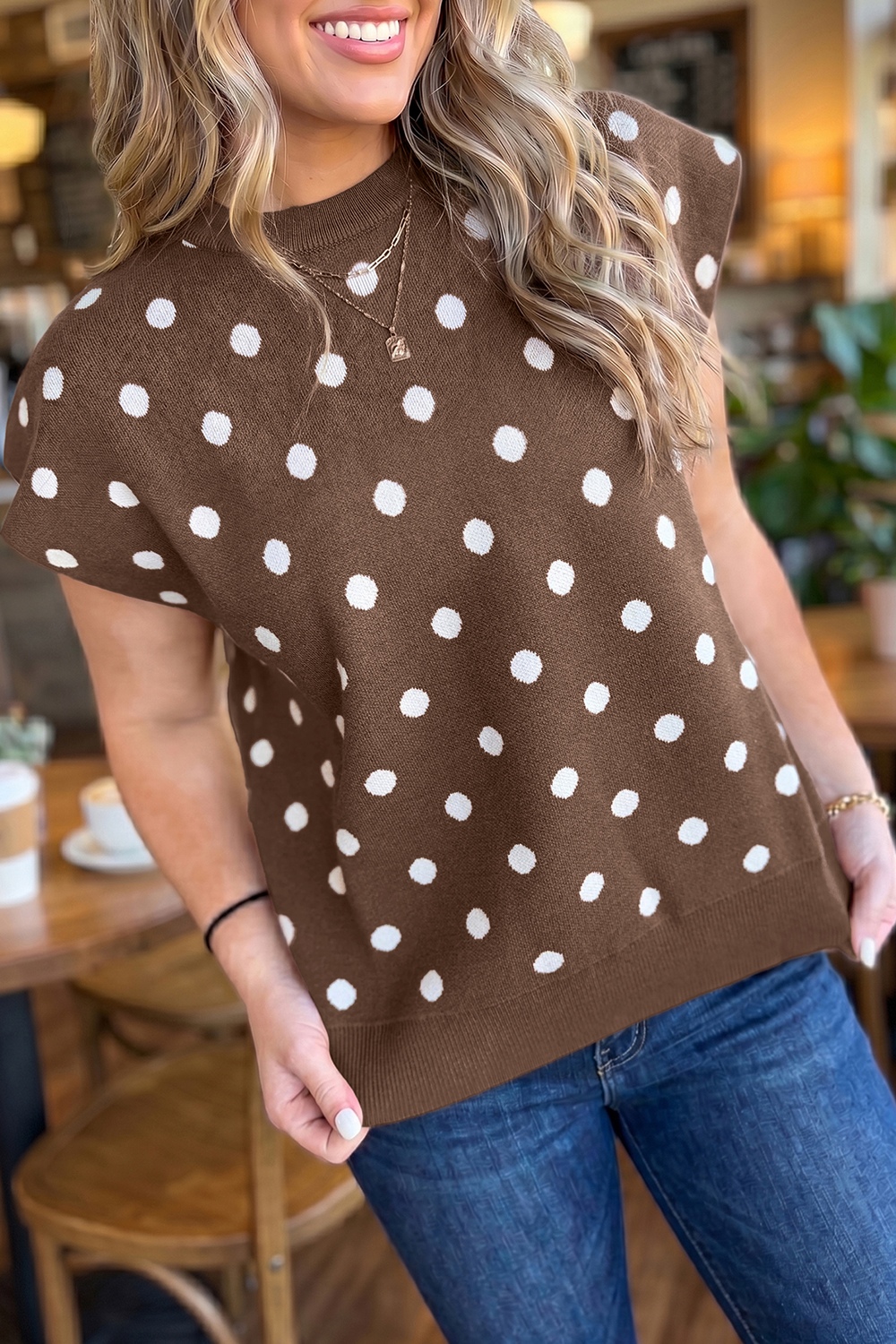 Dolman Short Sleeve Round Neck Polka Dot Sweater view 2