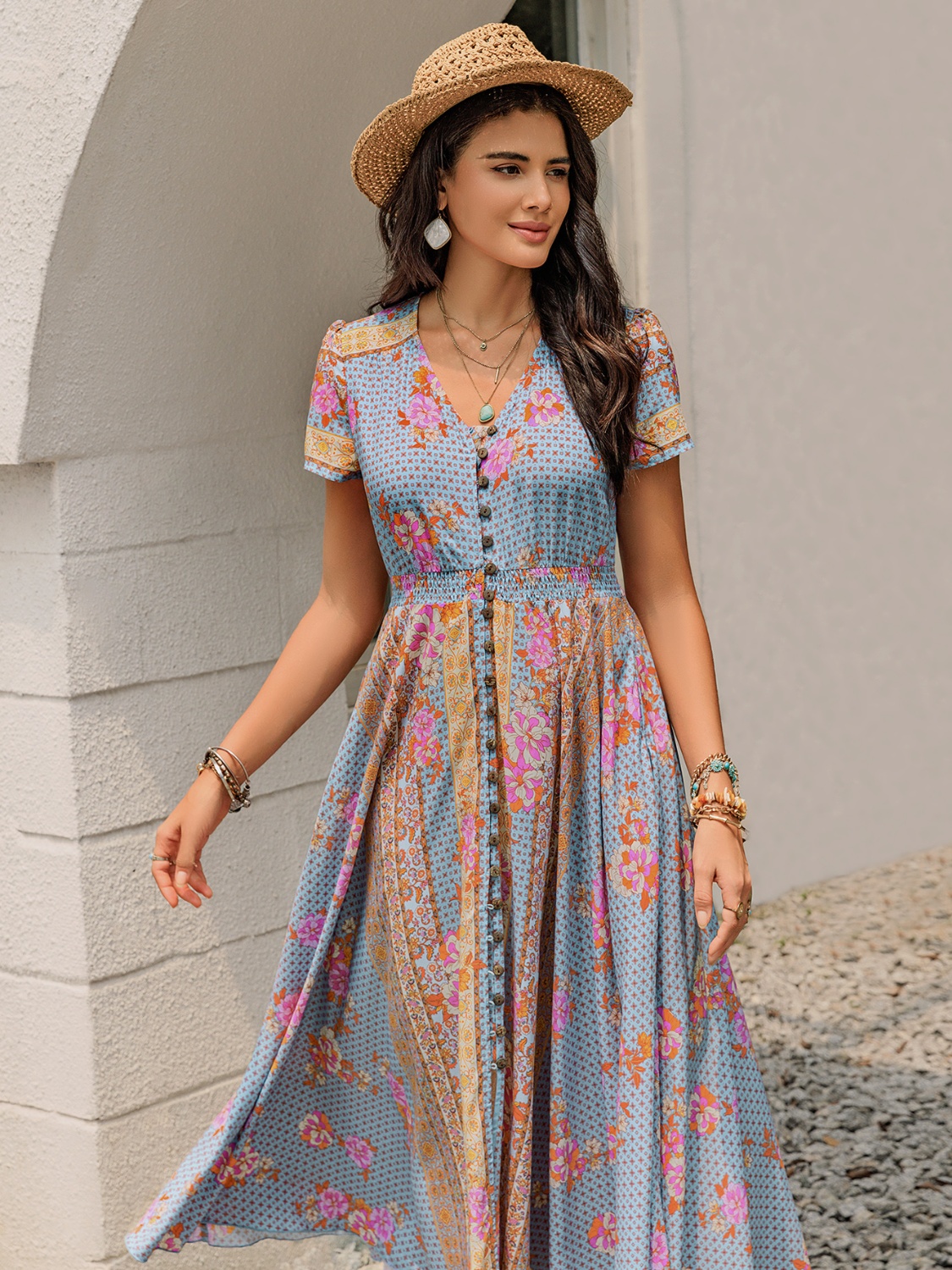 Smocked Floral V-Neck Short Sleeve Midi Dress