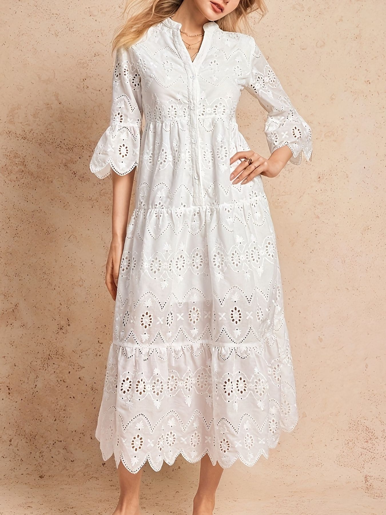 Eyelet Notched Tiered Midi Dress