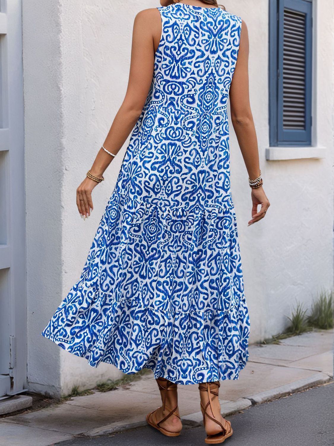 Decorative Button Printed Notched Sleeveless Midi Dress