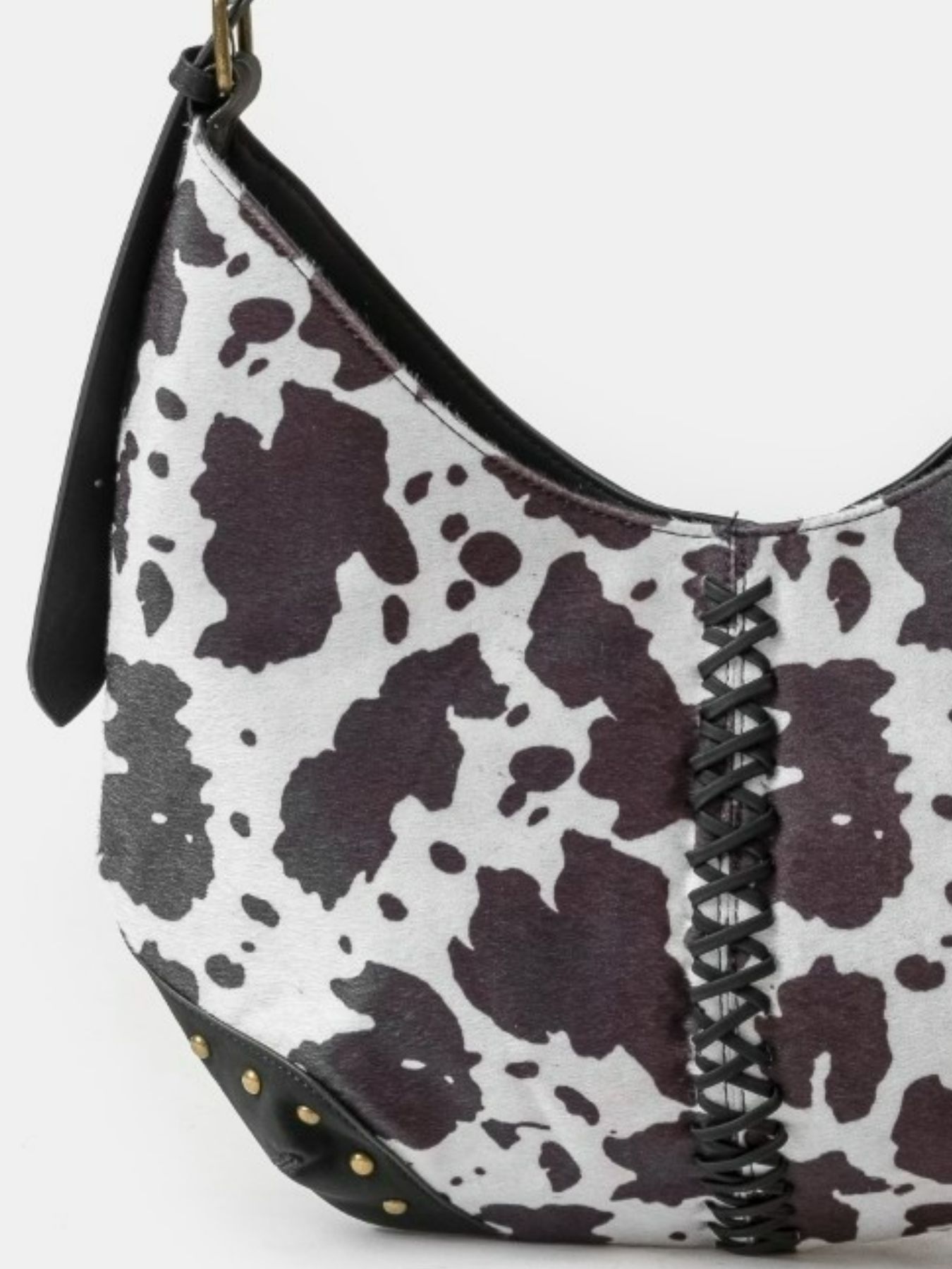 Fame Cow Print Hobo Shoulder Bag with Studded Details