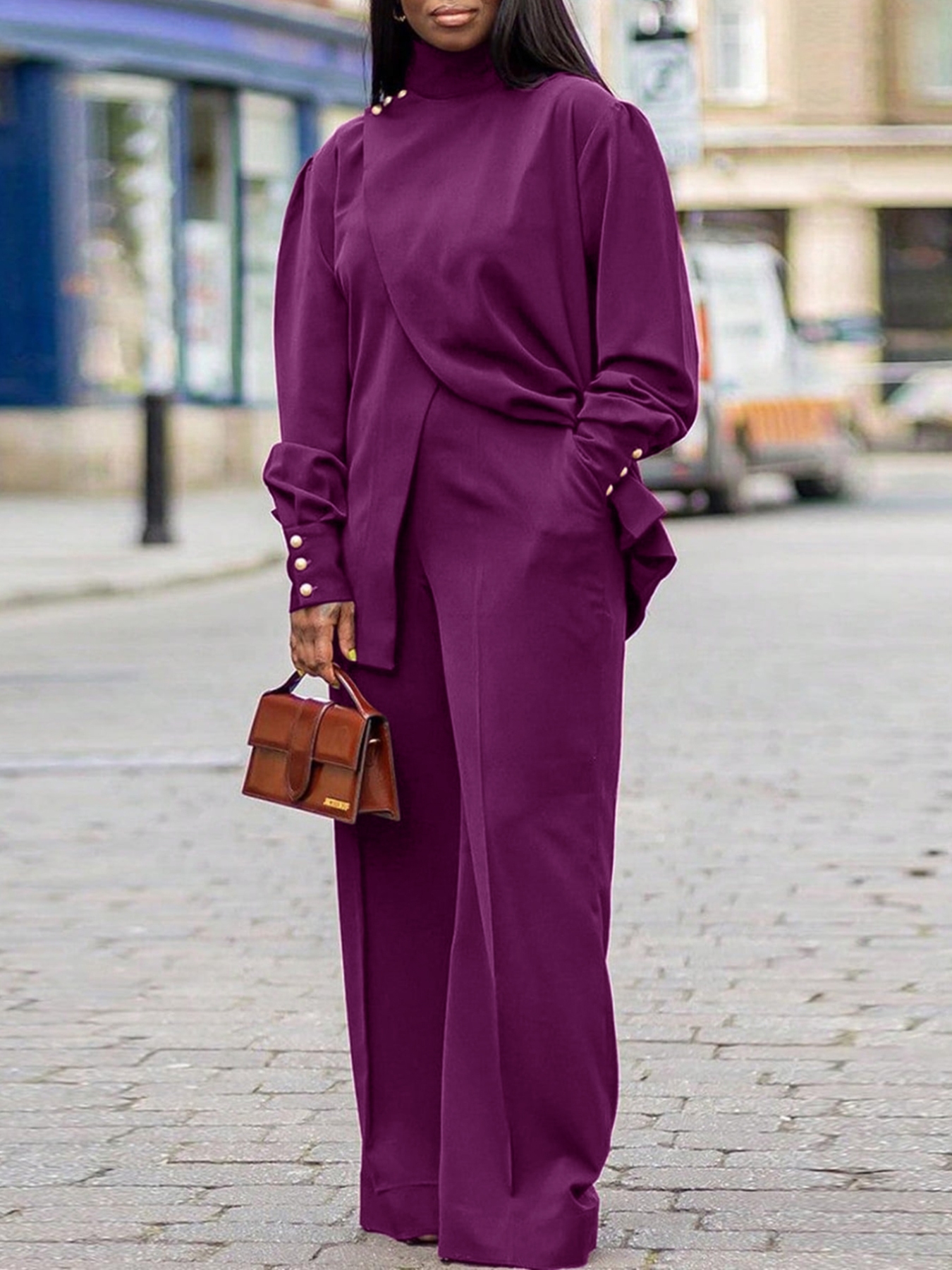 High Neck Asymmetric Top and Pants Set