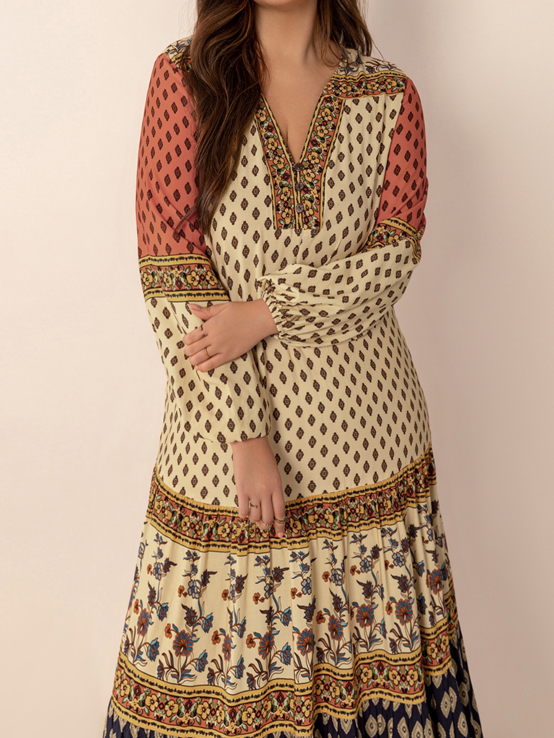 Printed V-Neck Balloon Sleeve Maxi Dress