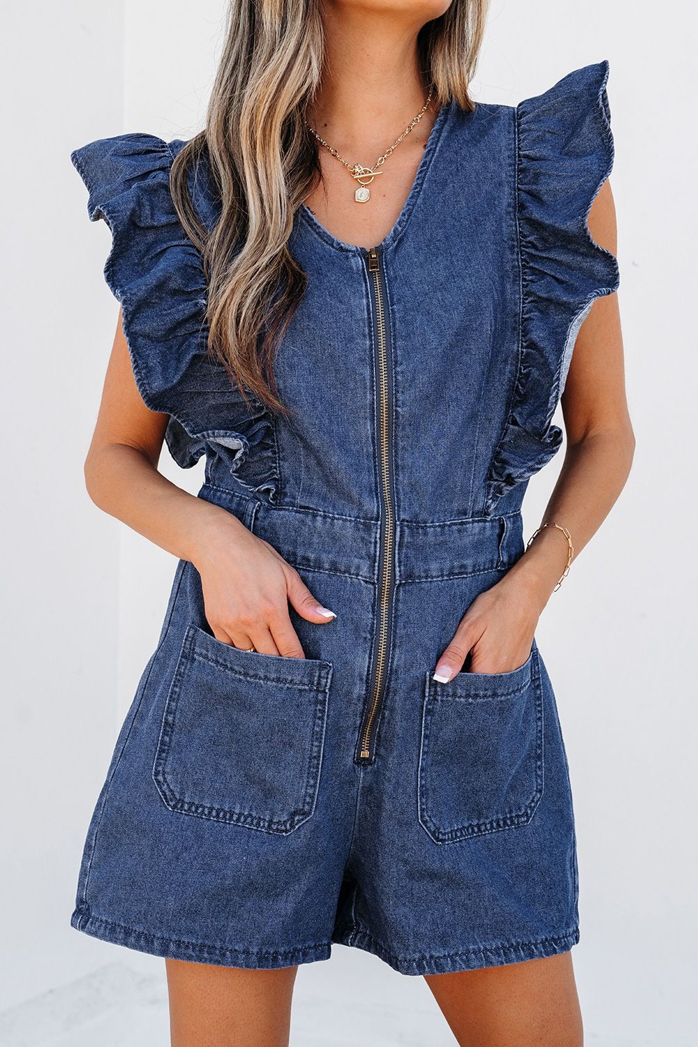 Denim Ruffled Zipped Front Belted Romper