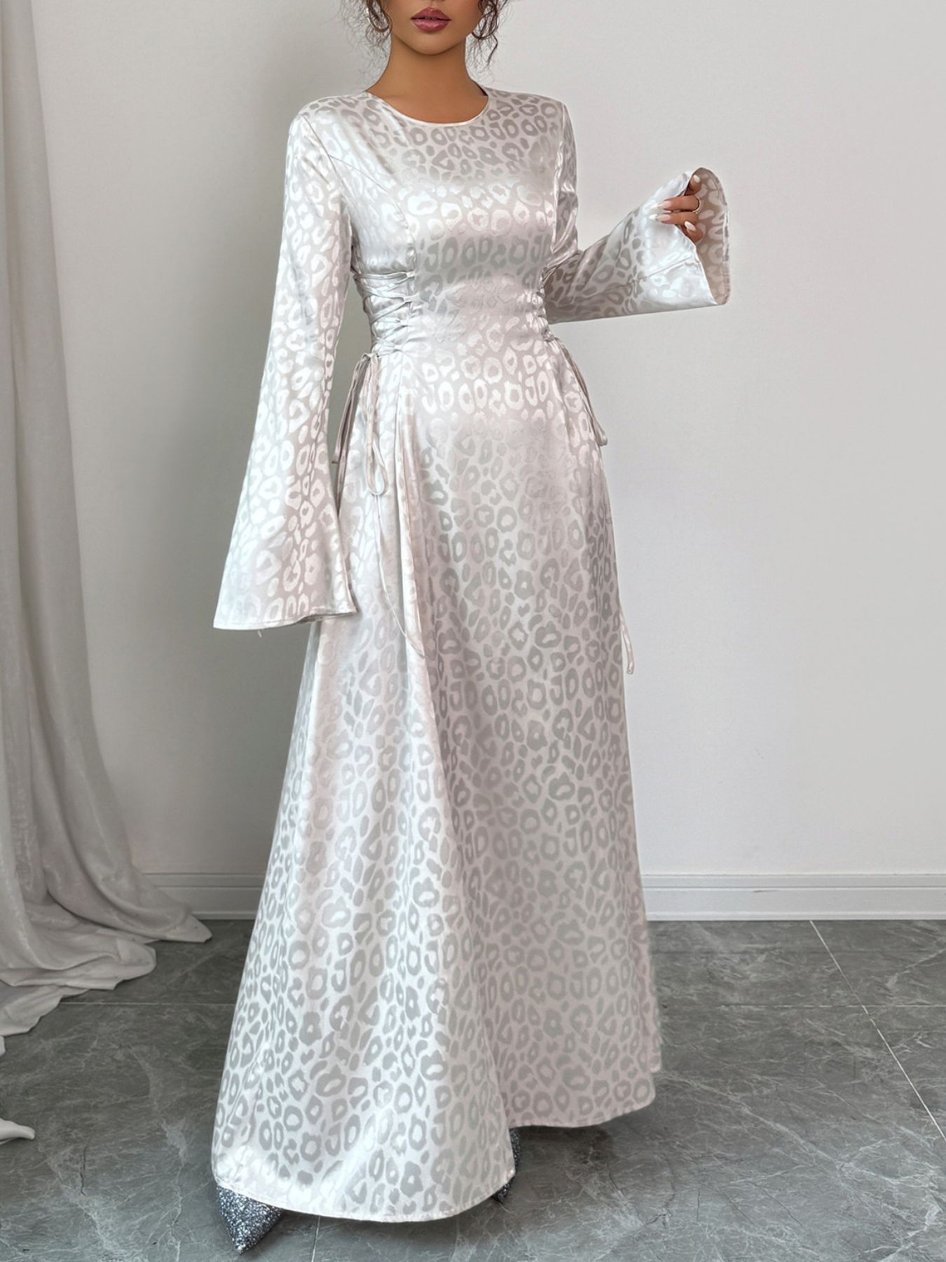 Leopard Lace Up Long Sleeve Maxi Dress