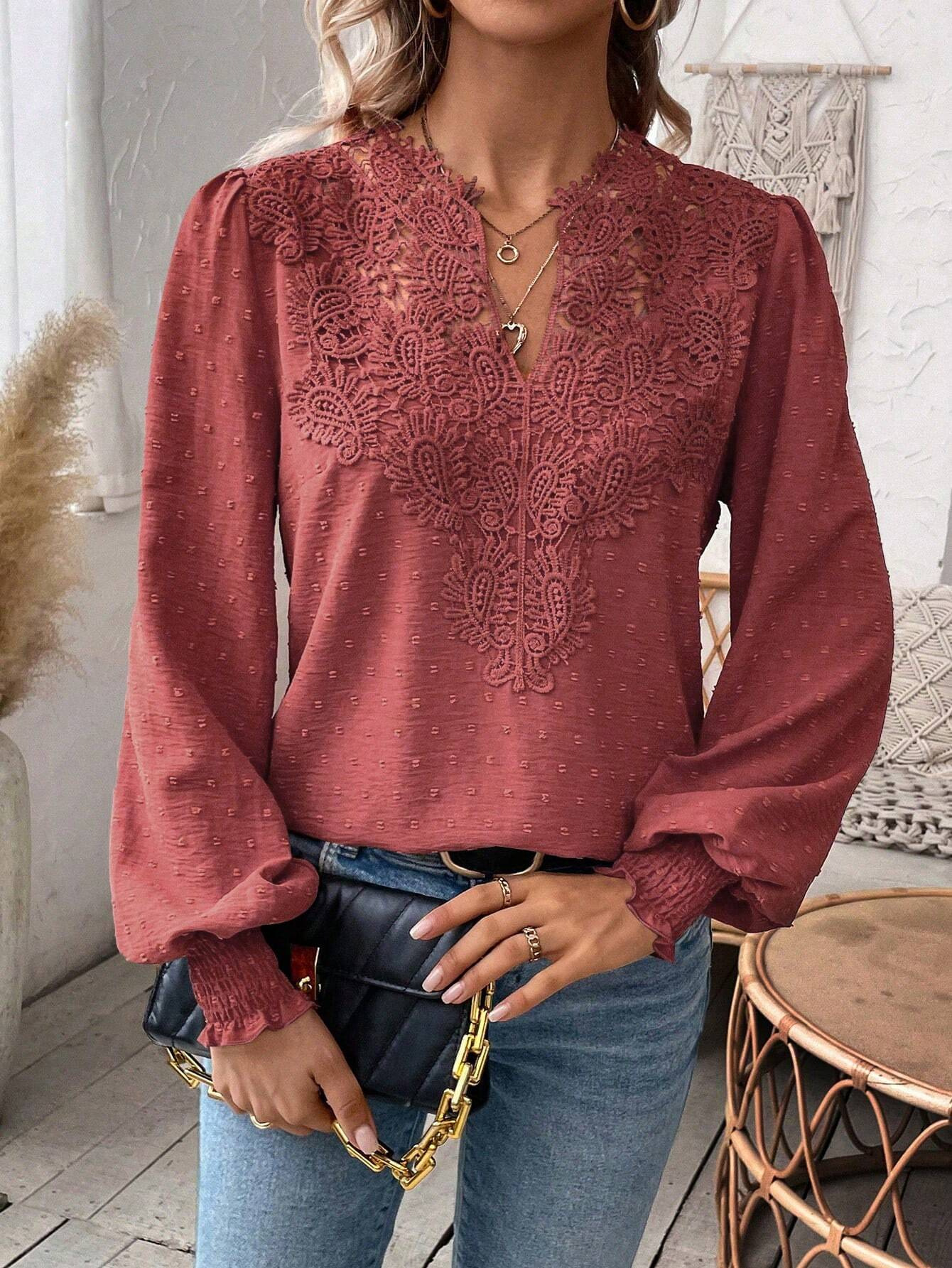 Lace Trim Long Sleeve Blouse