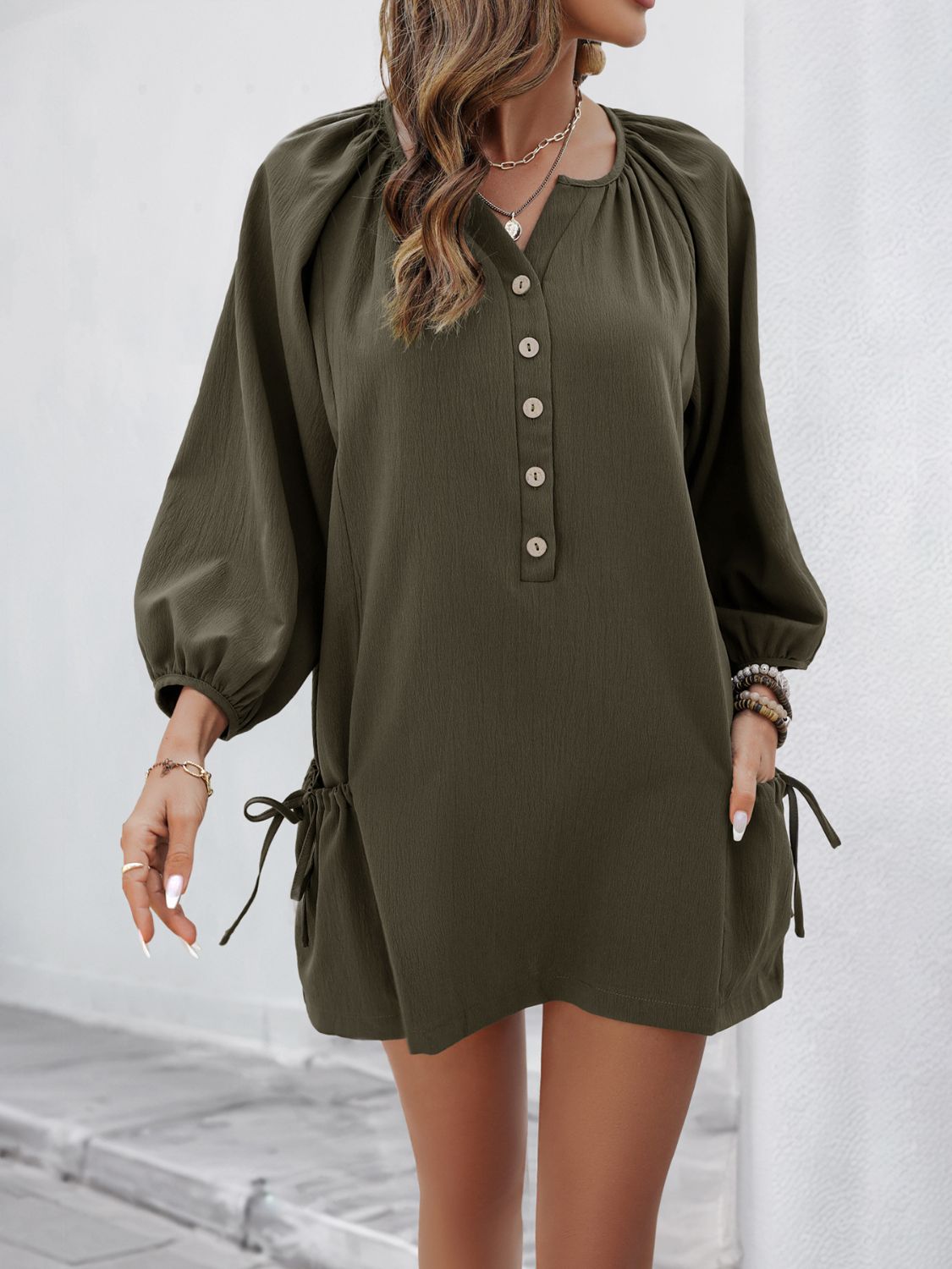 Button Front Balloon Sleeve Dress