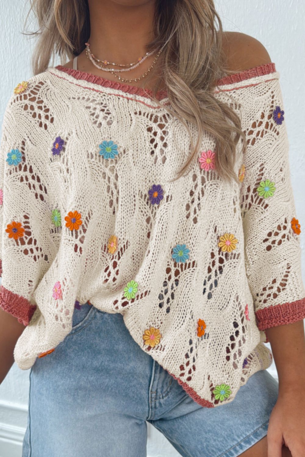 Openwork Flower Half Sleeve Knit Top view 3