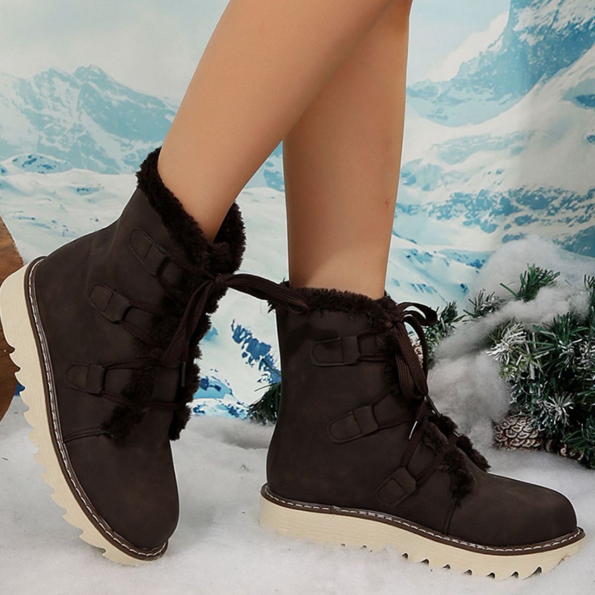 Fuzzy Trim Lace-Up Boots