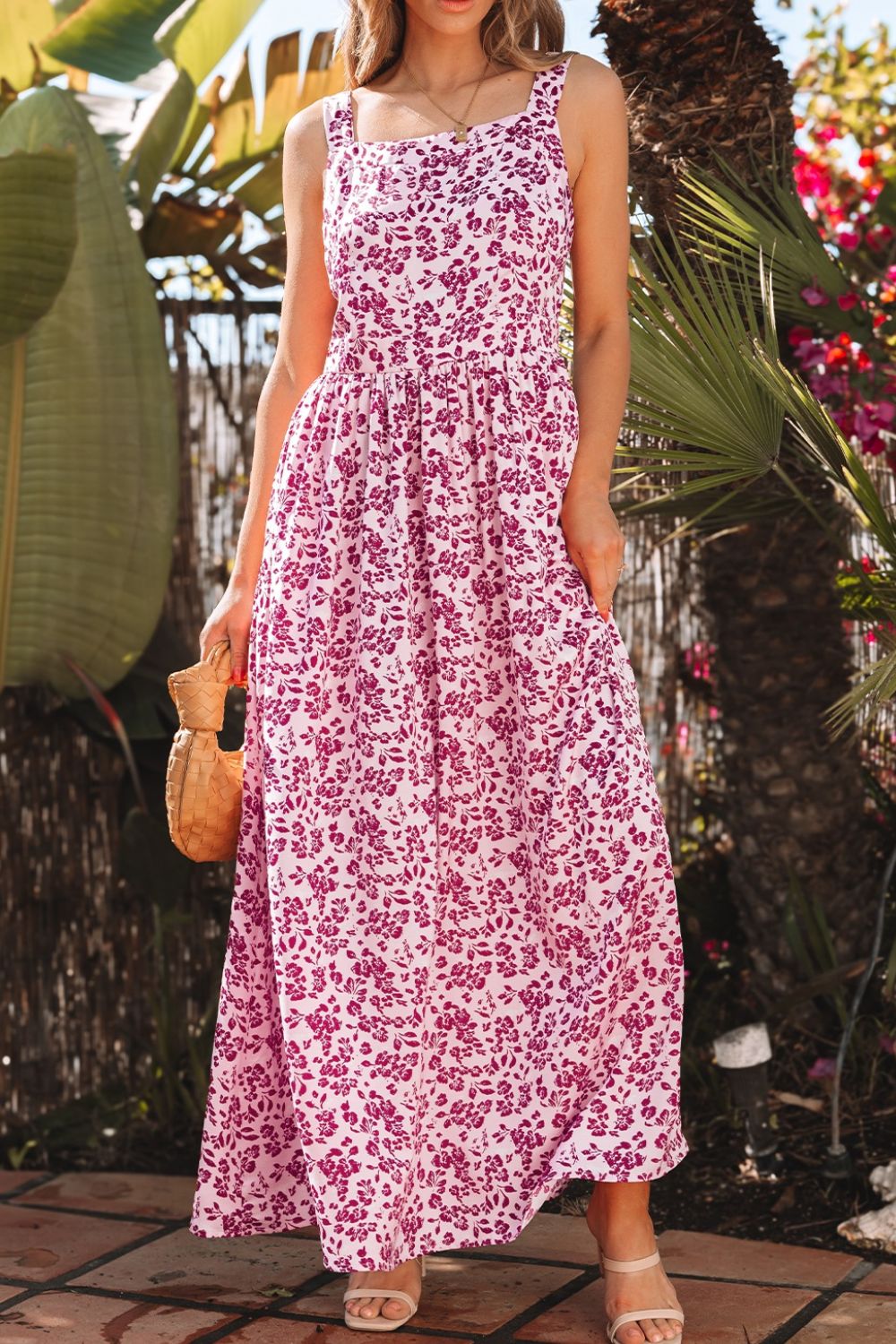 Floral Cutout Back Square Neck Maxi Dress
