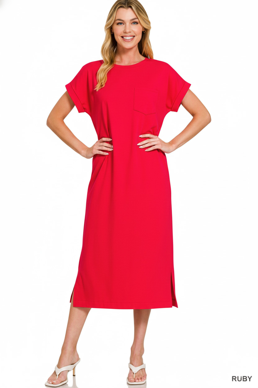 Round Neck Short Sleeve Midi Dress