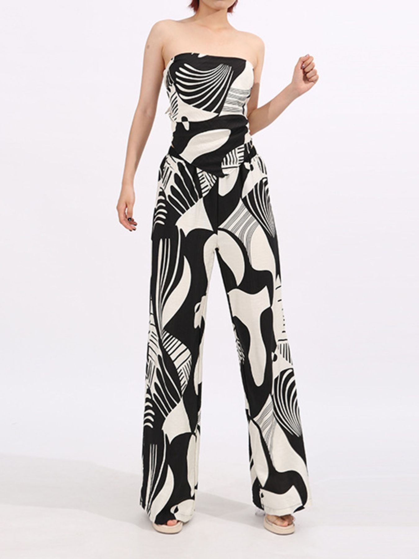 Abstract Print Tube Top and Wide Leg Pants Two-Piece Set