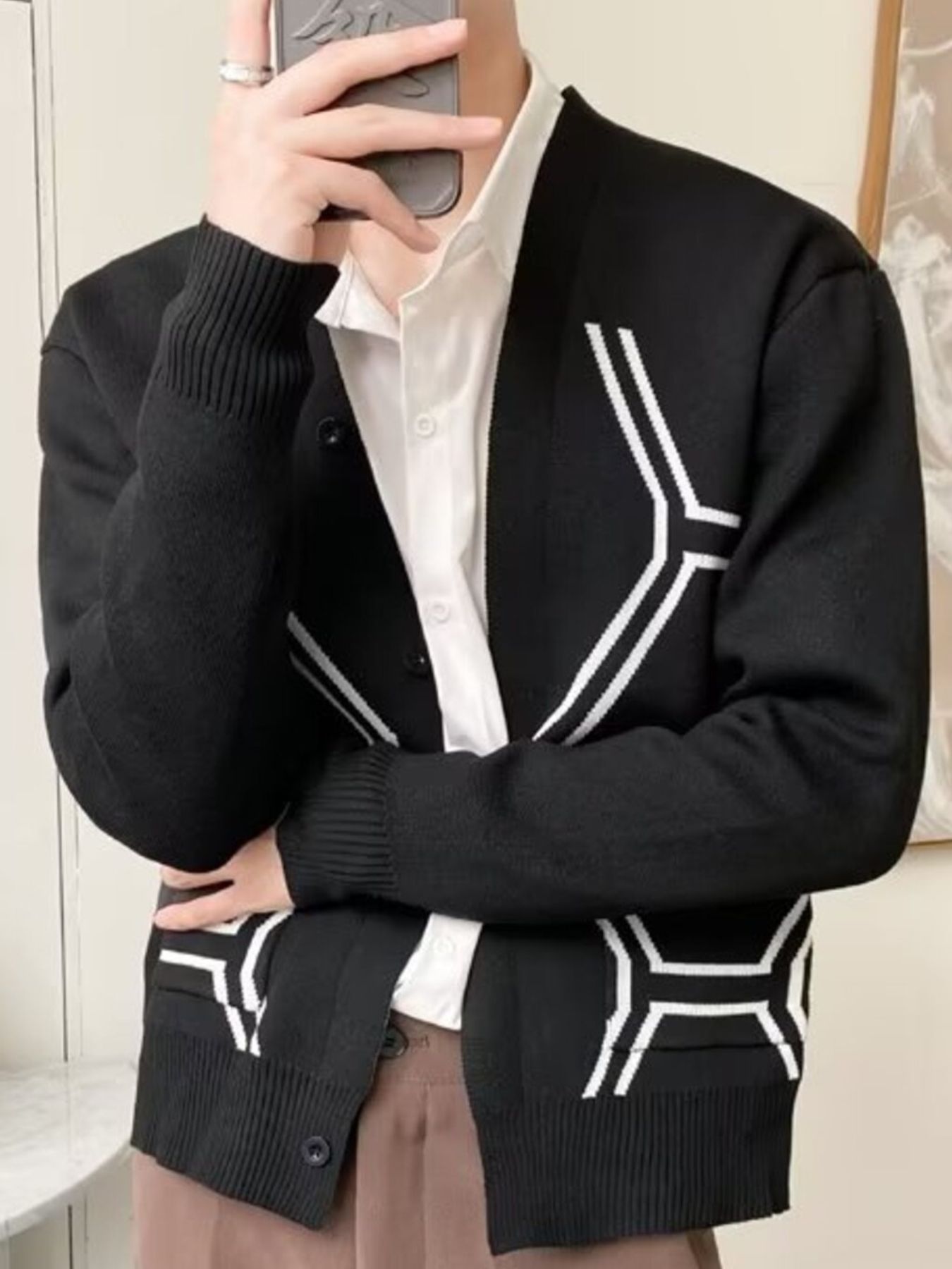 Men's Plus Size Geometric Pattern Knit Cardigan