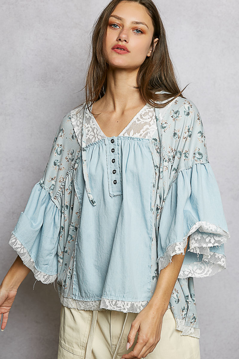 Double Gauze Floral Patch Blouse with Lace Detail