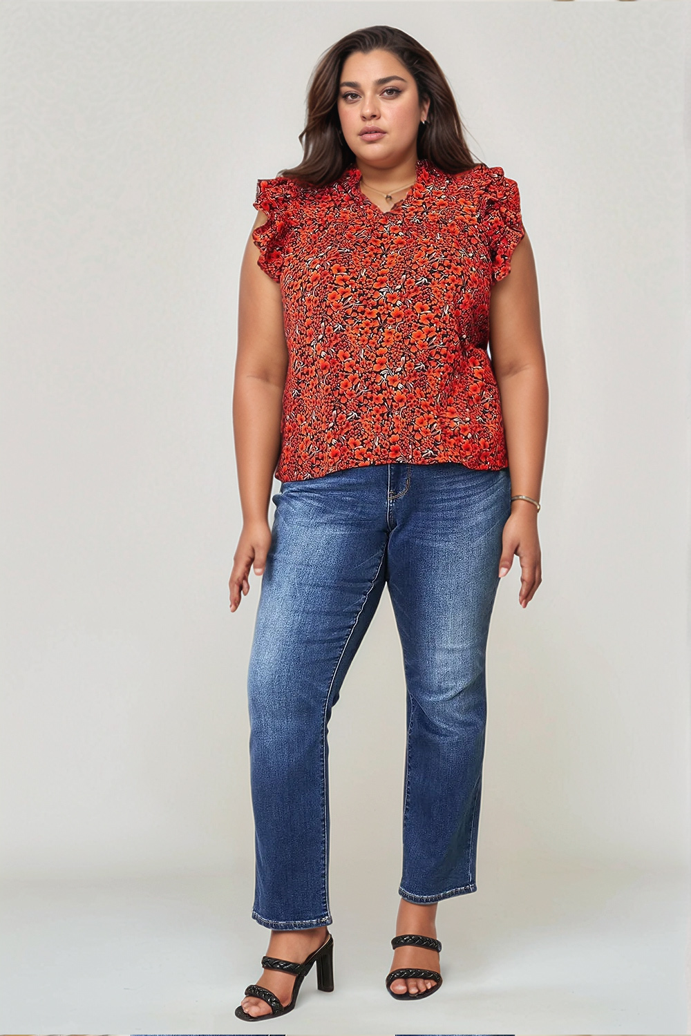 Floral Flutter Sleeve Notched Neck Blouse