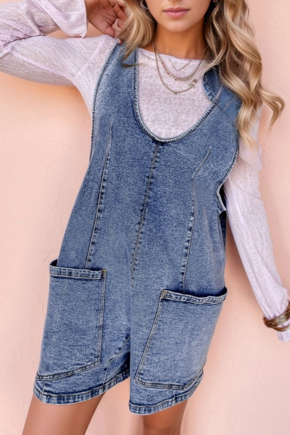 U Neck Patched Pocket Denim Overalls