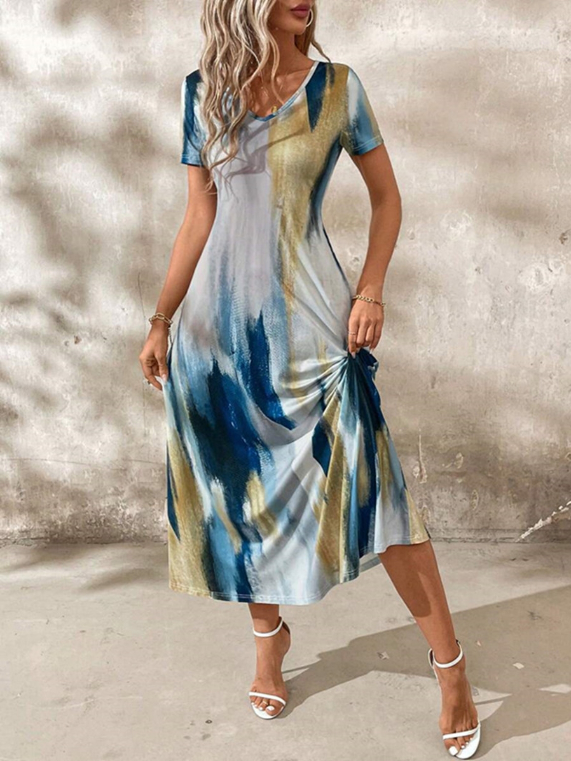 Tie-Dye V-Neck Short Sleeve Midi Tee Dress