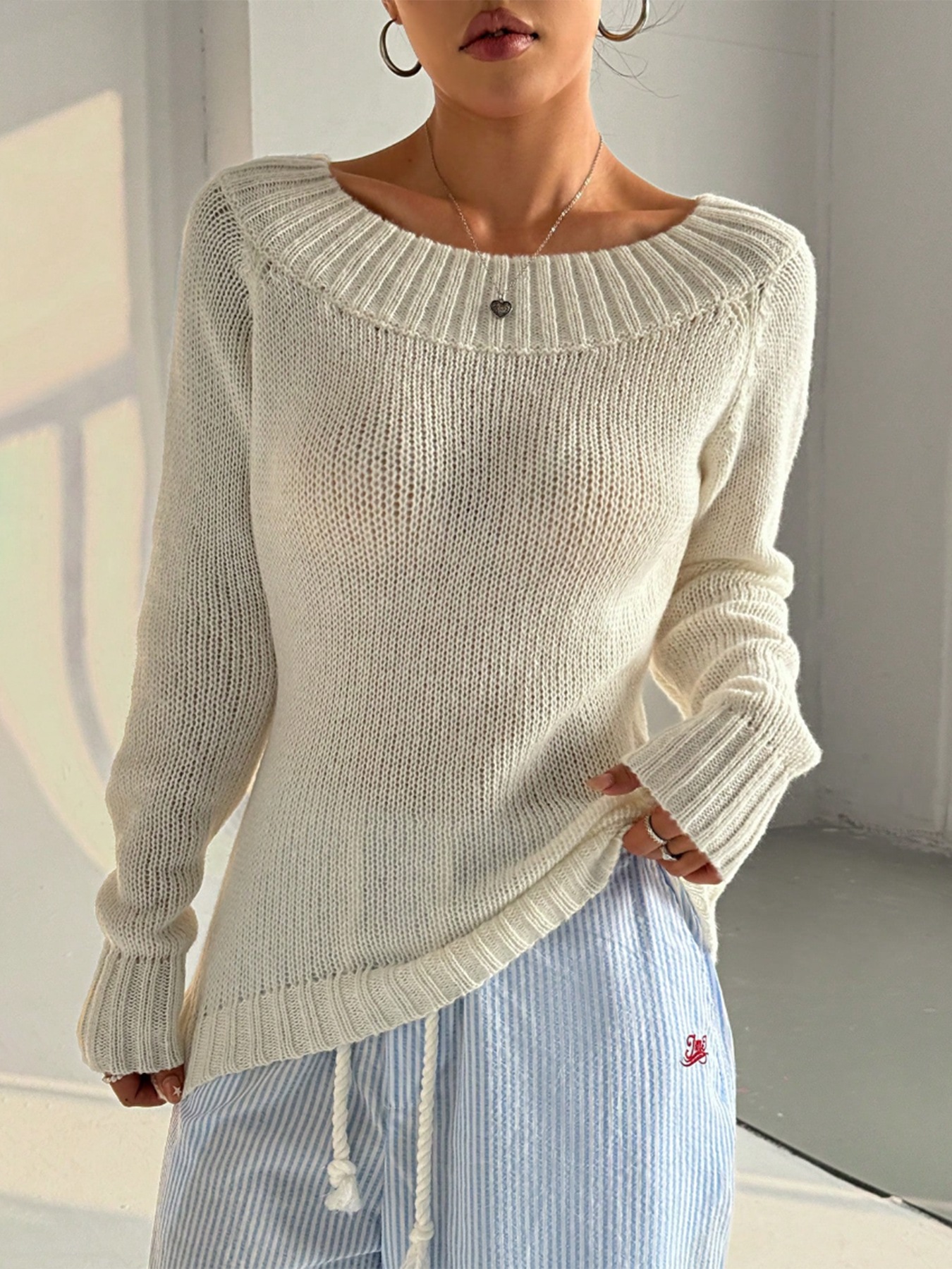 Ribbed Knit Boat Neck Sweater