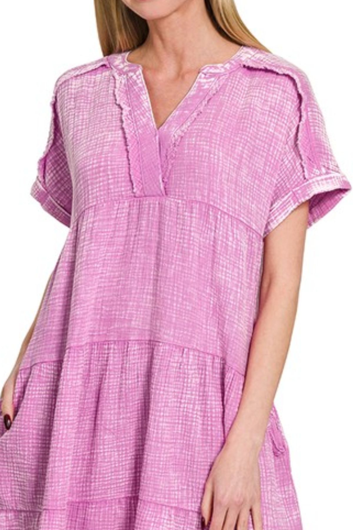 Washed Double Gauze Raw Edge V-neck Dress