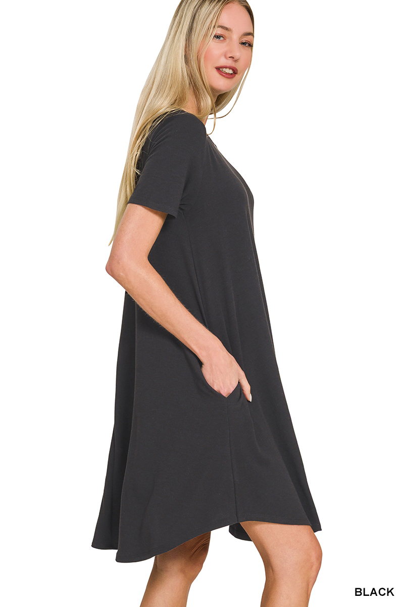Short Sleeve Round Hem A-line Dress with Side Pockets