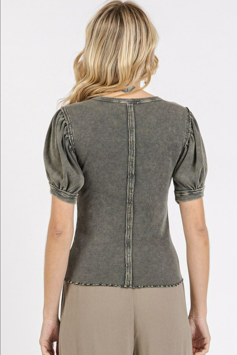 Mineral Wash Puff Sleeve Rib Knit Top