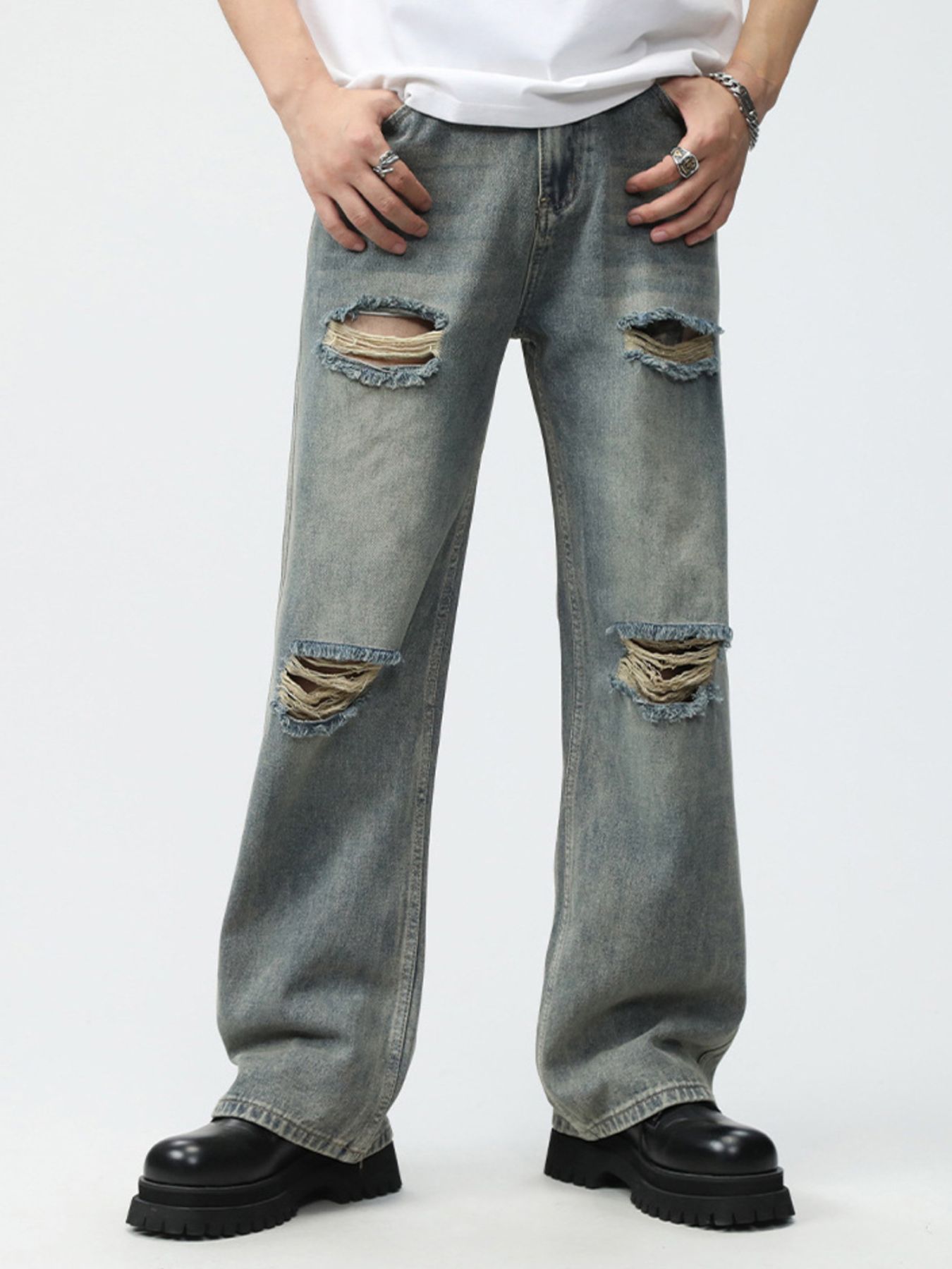 Men's Full Size Distressed Wide Leg Jeans Plus Size