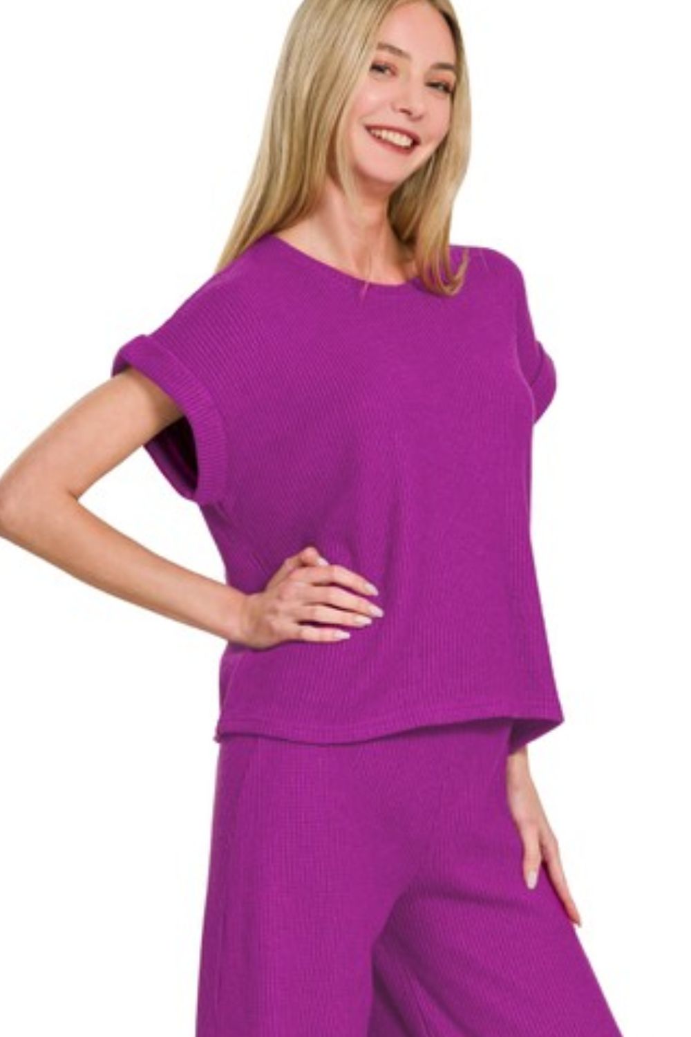 Rolled Sleeve Top and Pants Sweater Set