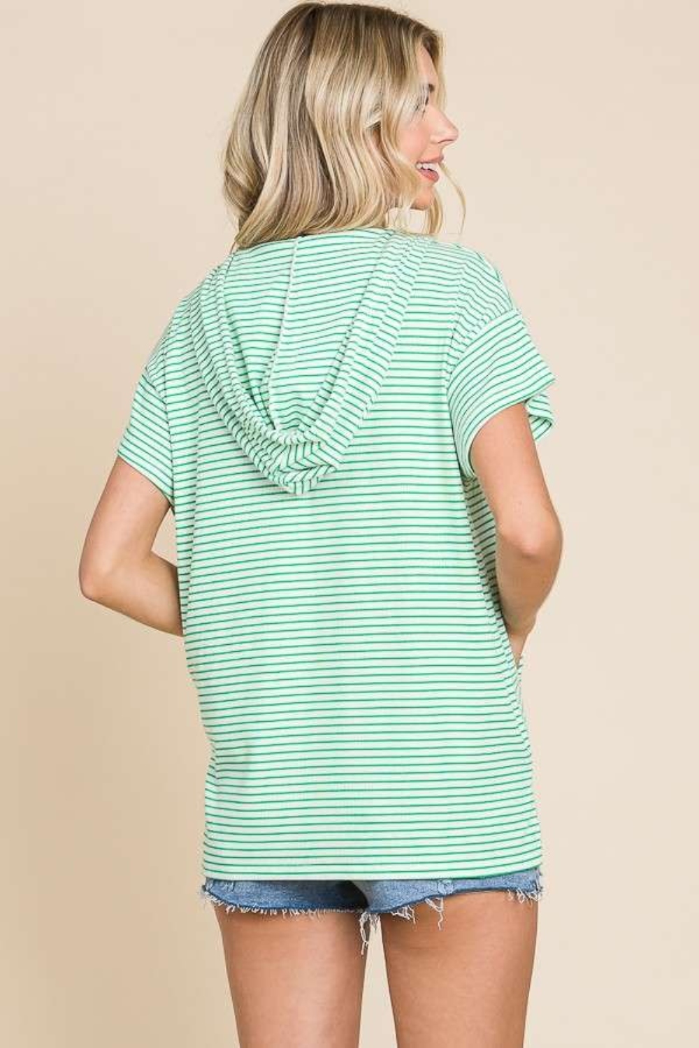 Full Size Striped Short Sleeve Hooded Top