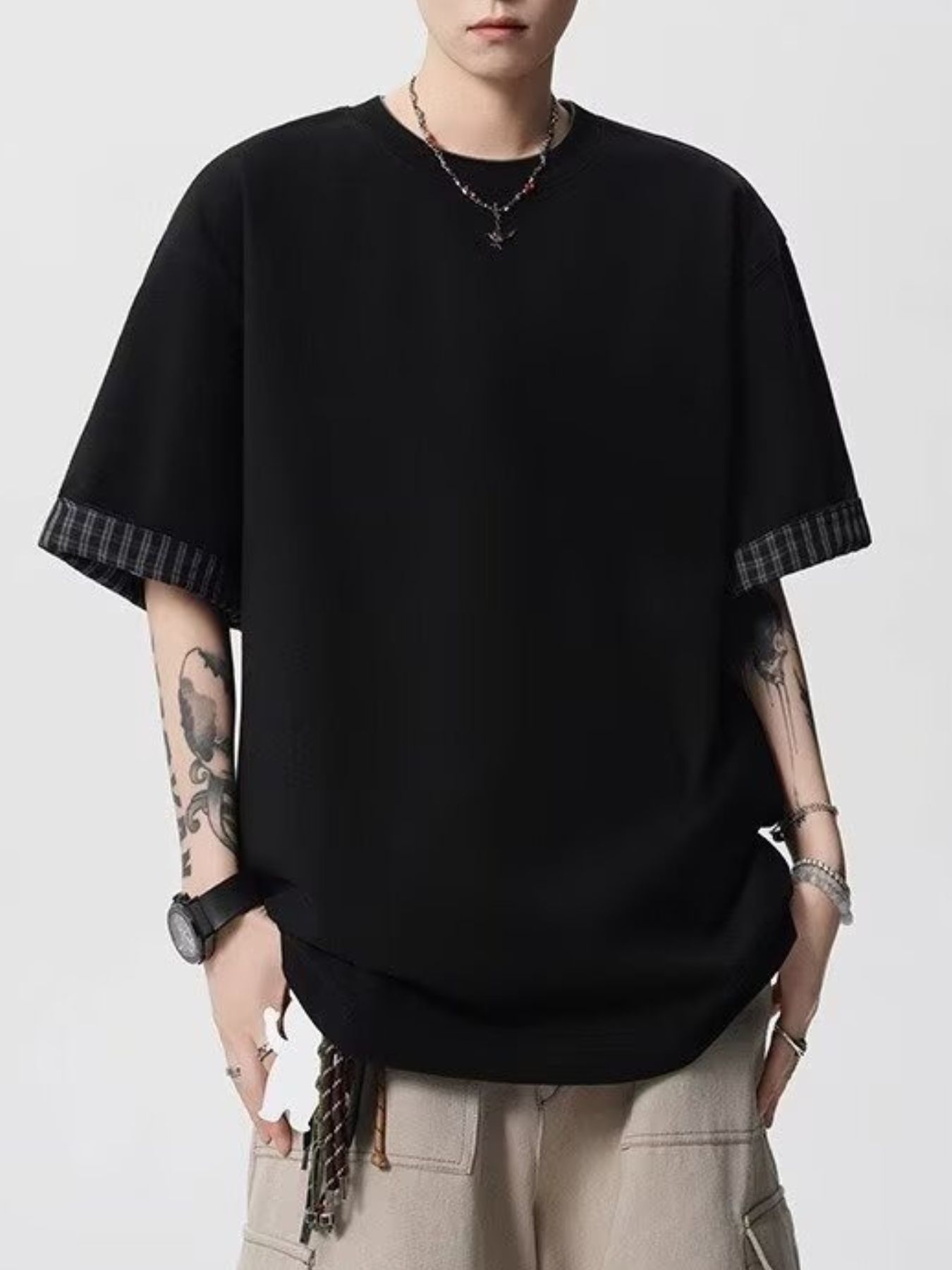 Men's Plaid Trim Round Neck Short Sleeve T-Shirt