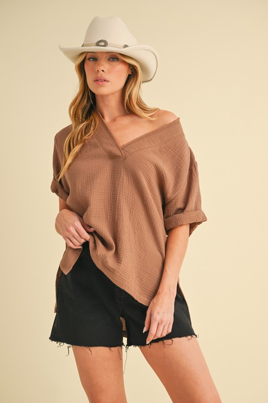 Side Slit V-Neck Short Sleeve Blouse