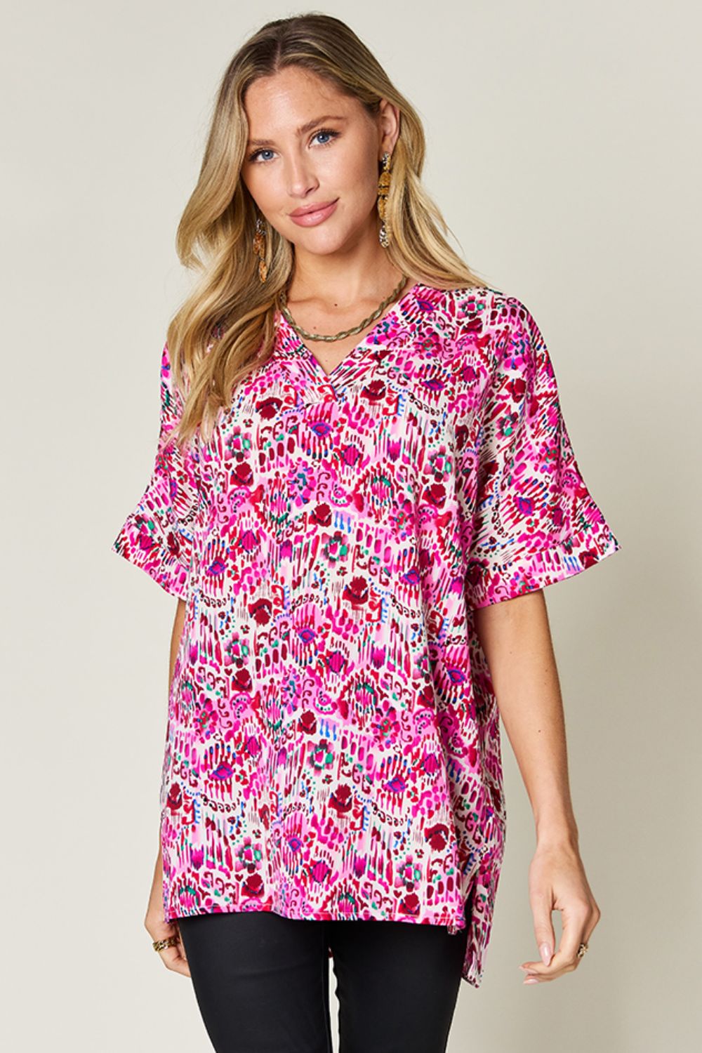 Double Take Full Size Printed V-Neck Short Sleeve Blouse 3