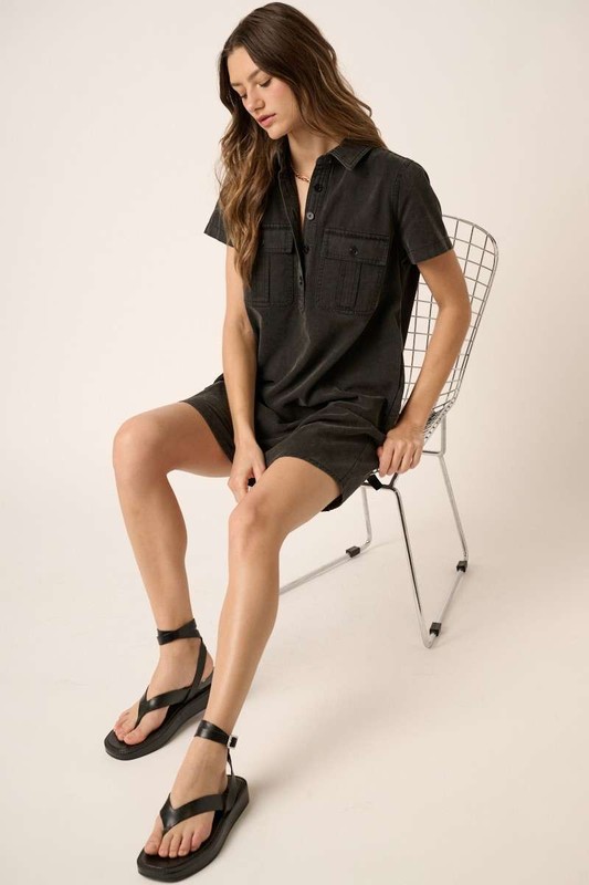Button Detail Collared Neck Short Sleeve Shirt Dress