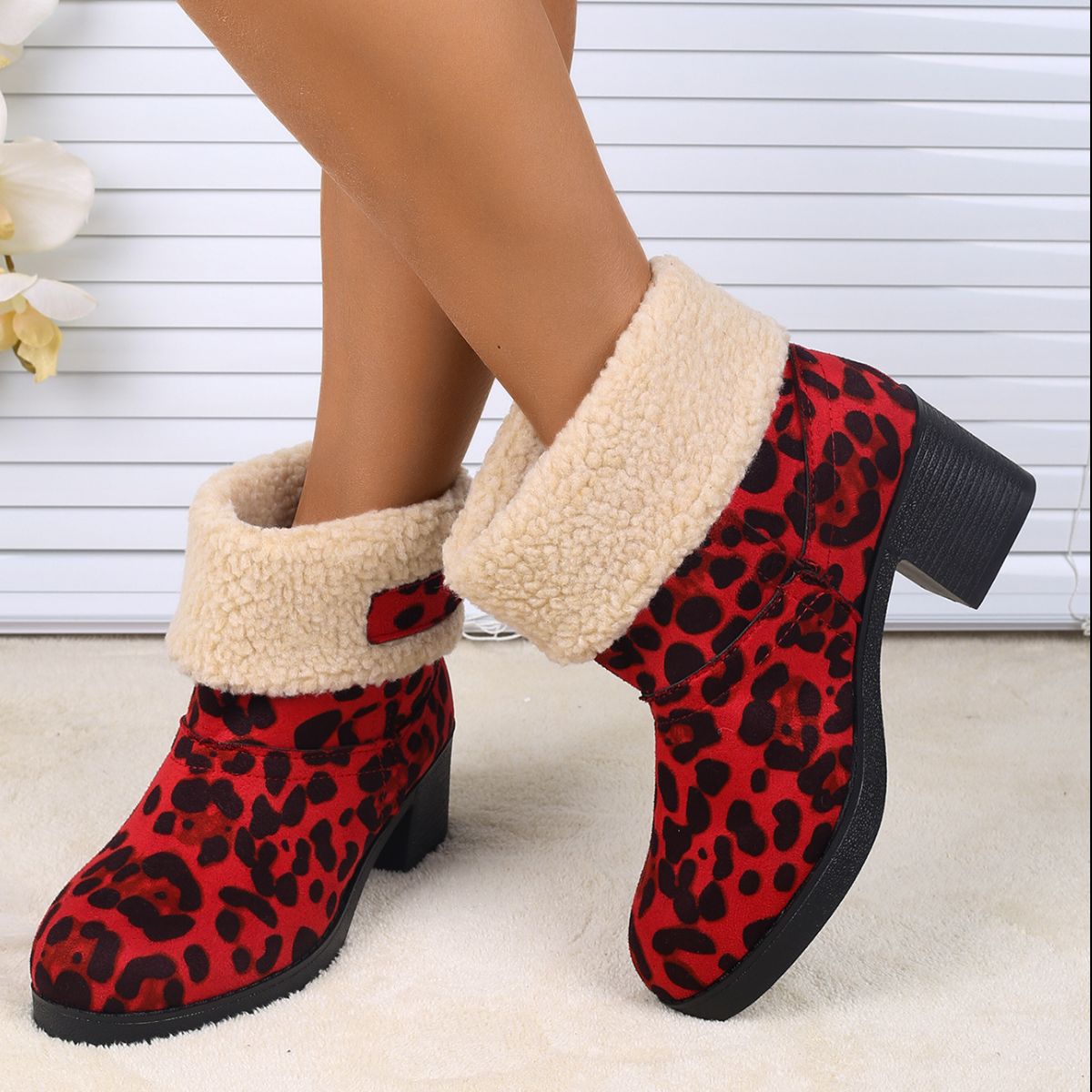 Plush Cuff Block Heel Boots