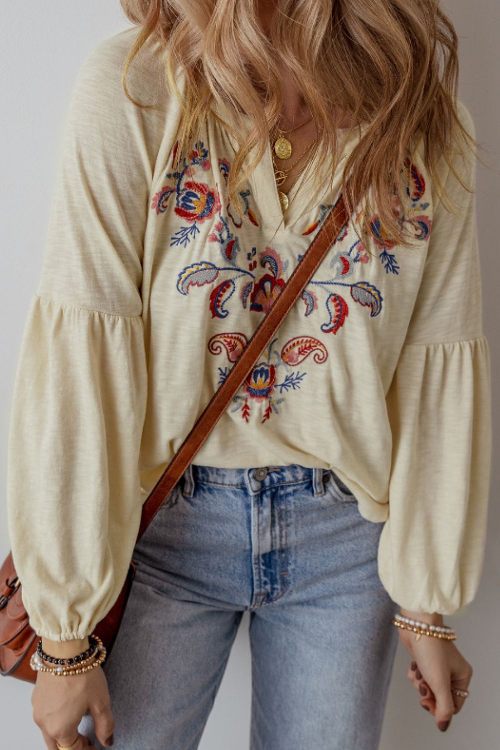 Embroidered Notched Long Sleeve Blouse