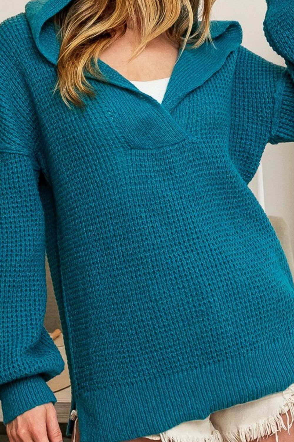 Raw Edge Detail V-Neck Sweater Hoodie