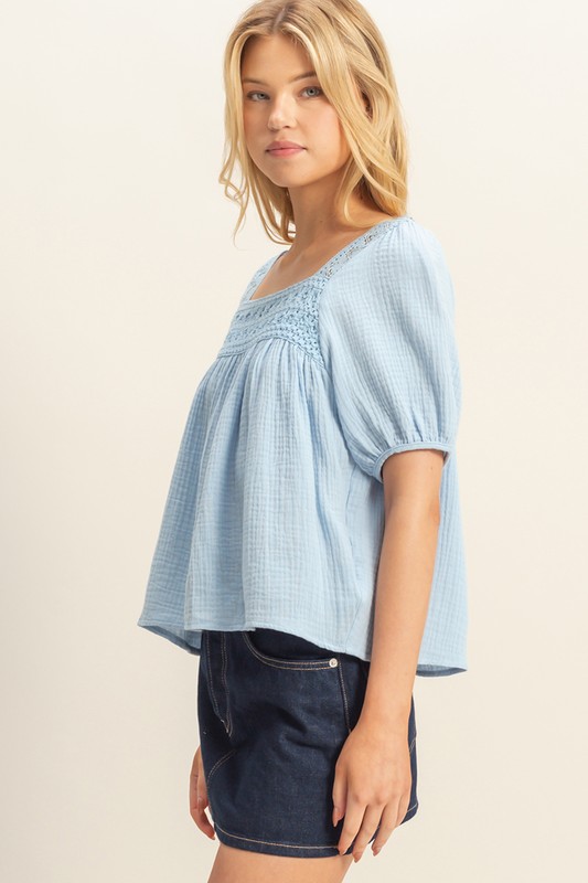 Crochet Detail Puff Sleeve Peasant Top