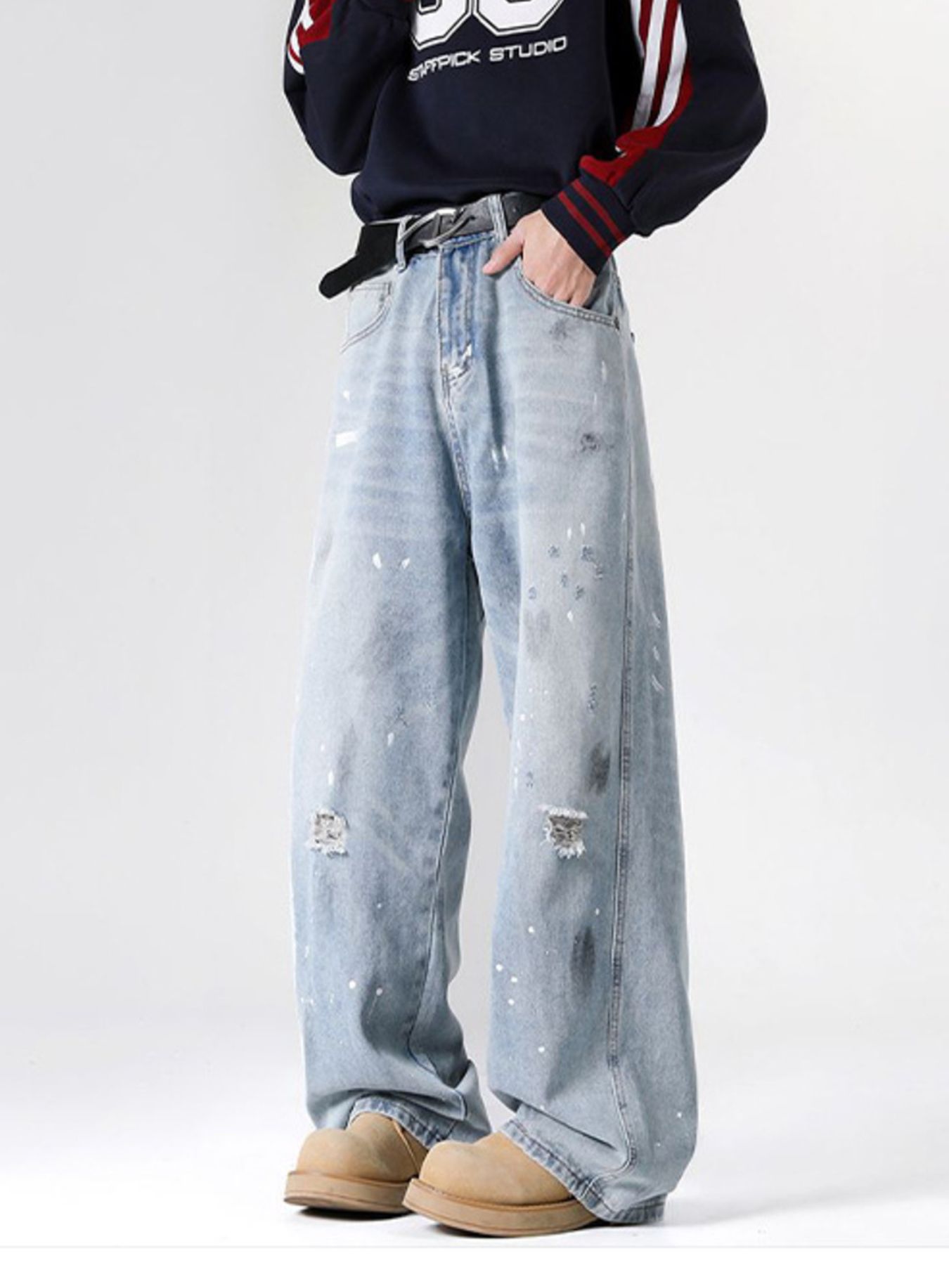 Men's Full Size Distressed Wide Leg Jeans Plus Size
