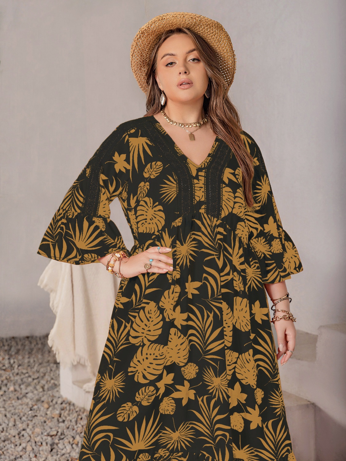 Plus Size Lace Detail Tropical Print Three-Quarter Sleeve Maxi Dress