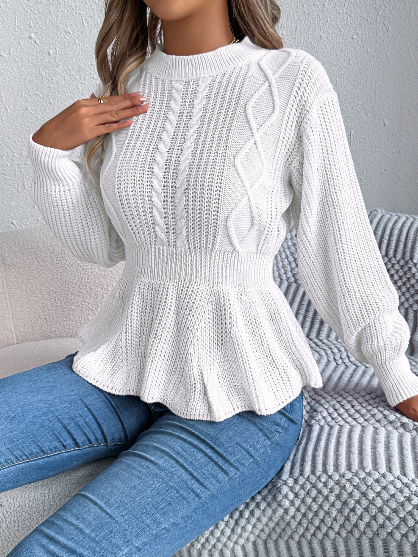 Cable Knit Round Neck Peplum Sweater