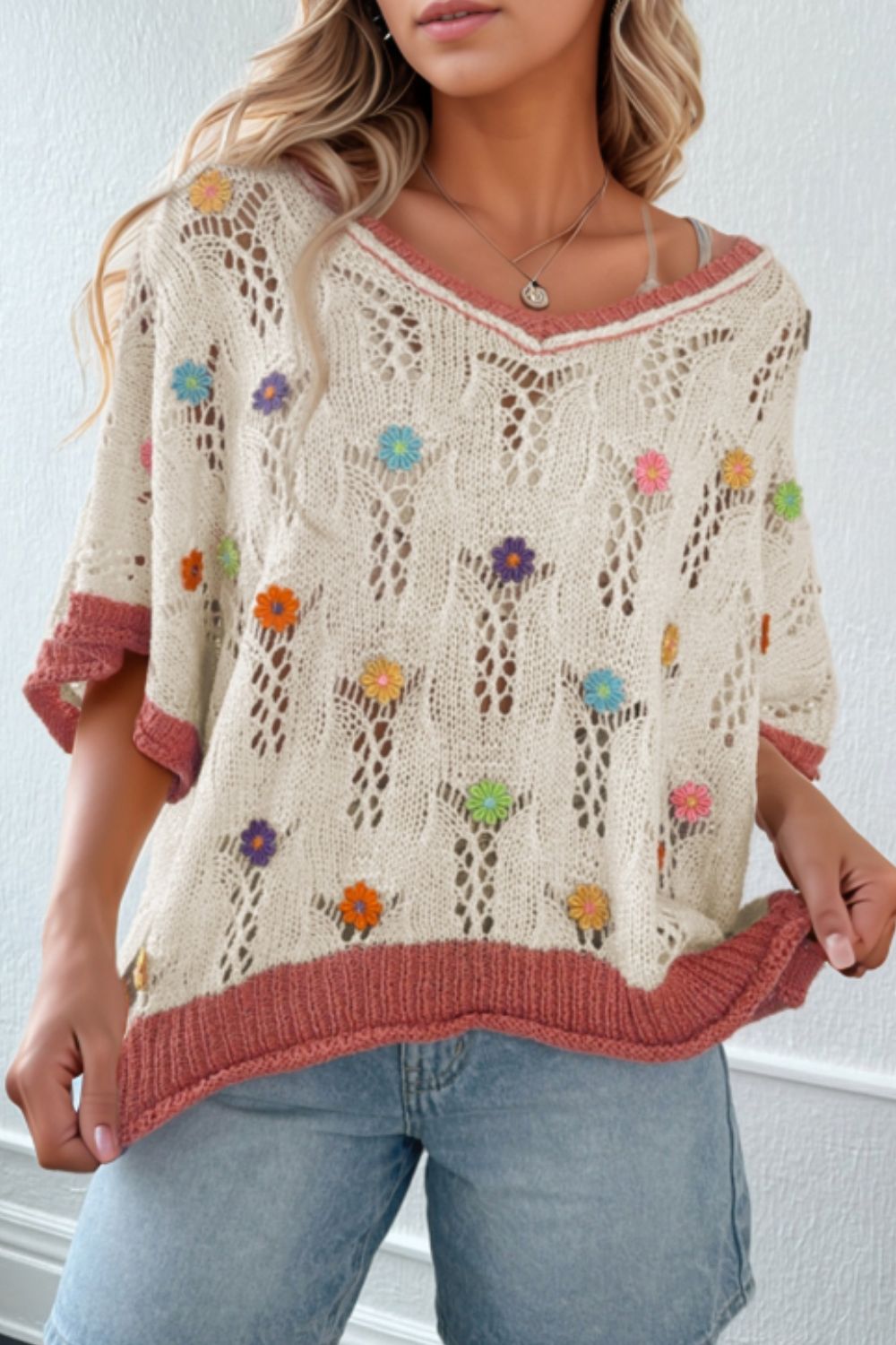 Openwork Flower Half Sleeve Knit Top