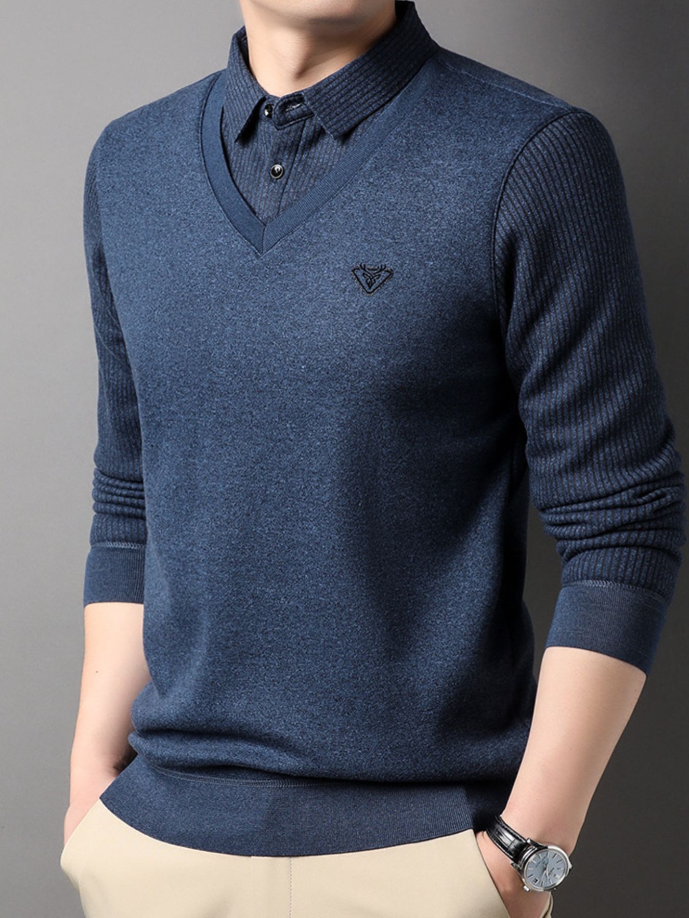 Men's Plus Size Layered Look Long Sleeve Knit Top