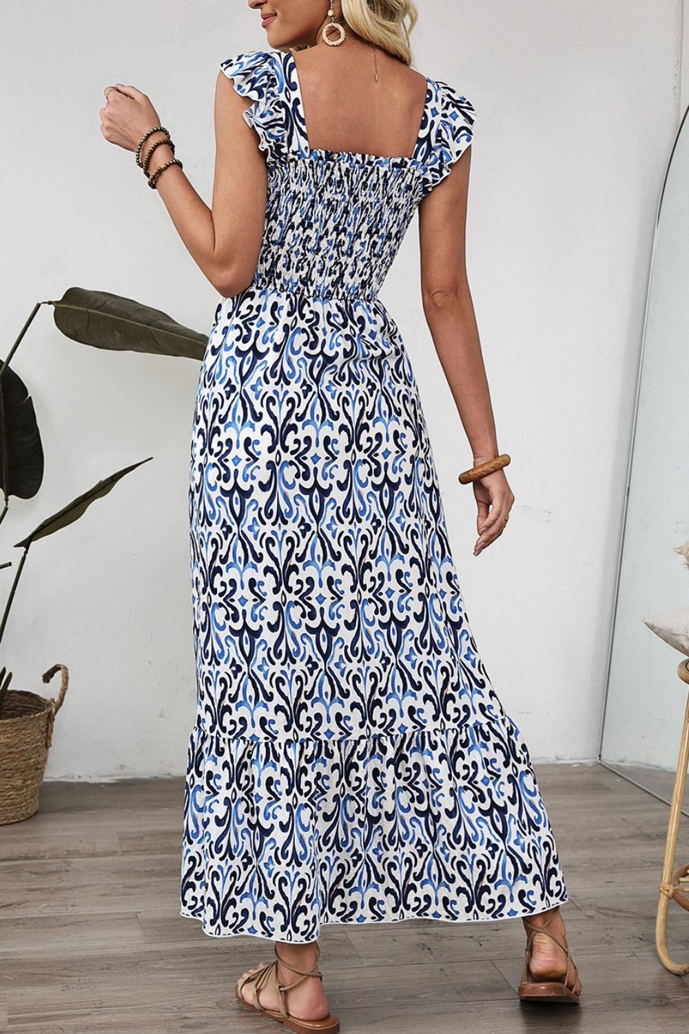 Smocked Printed Square Neck Dress