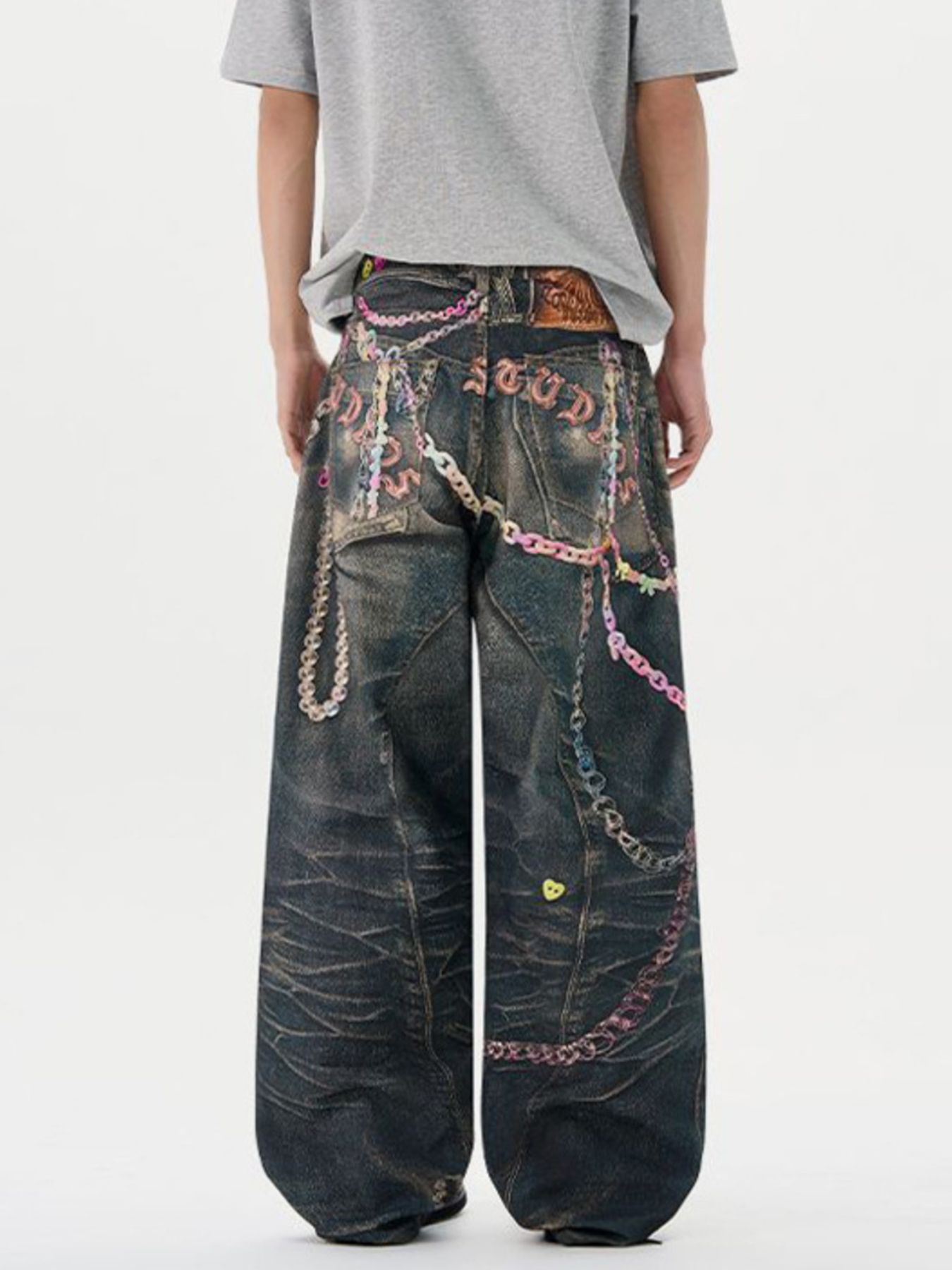Men's Printed Washed Distressed Wide Leg Jeans