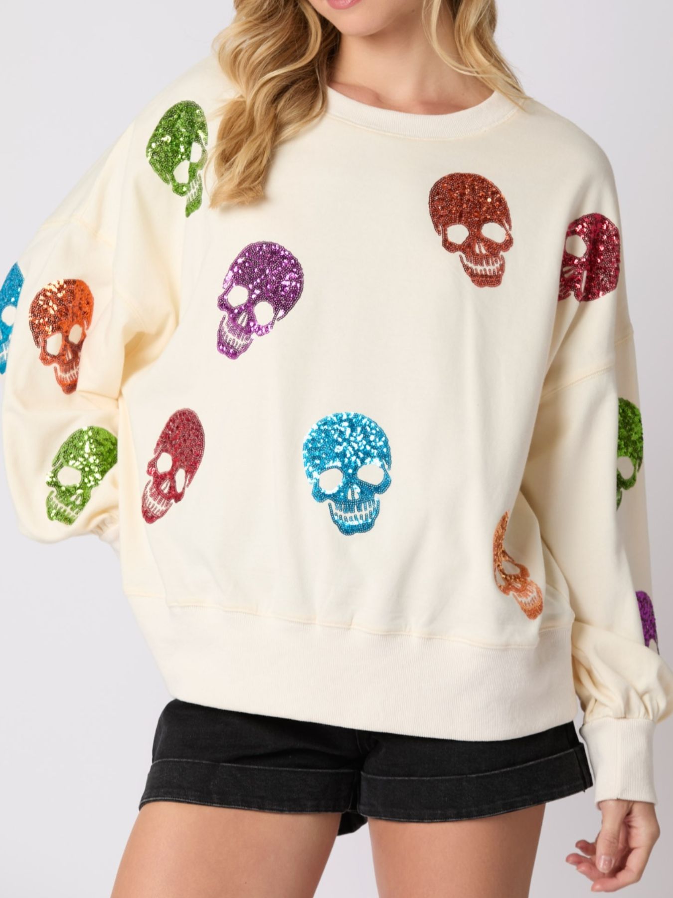 Halloween Colorful Skull Sequin Oversized Sweatshirt