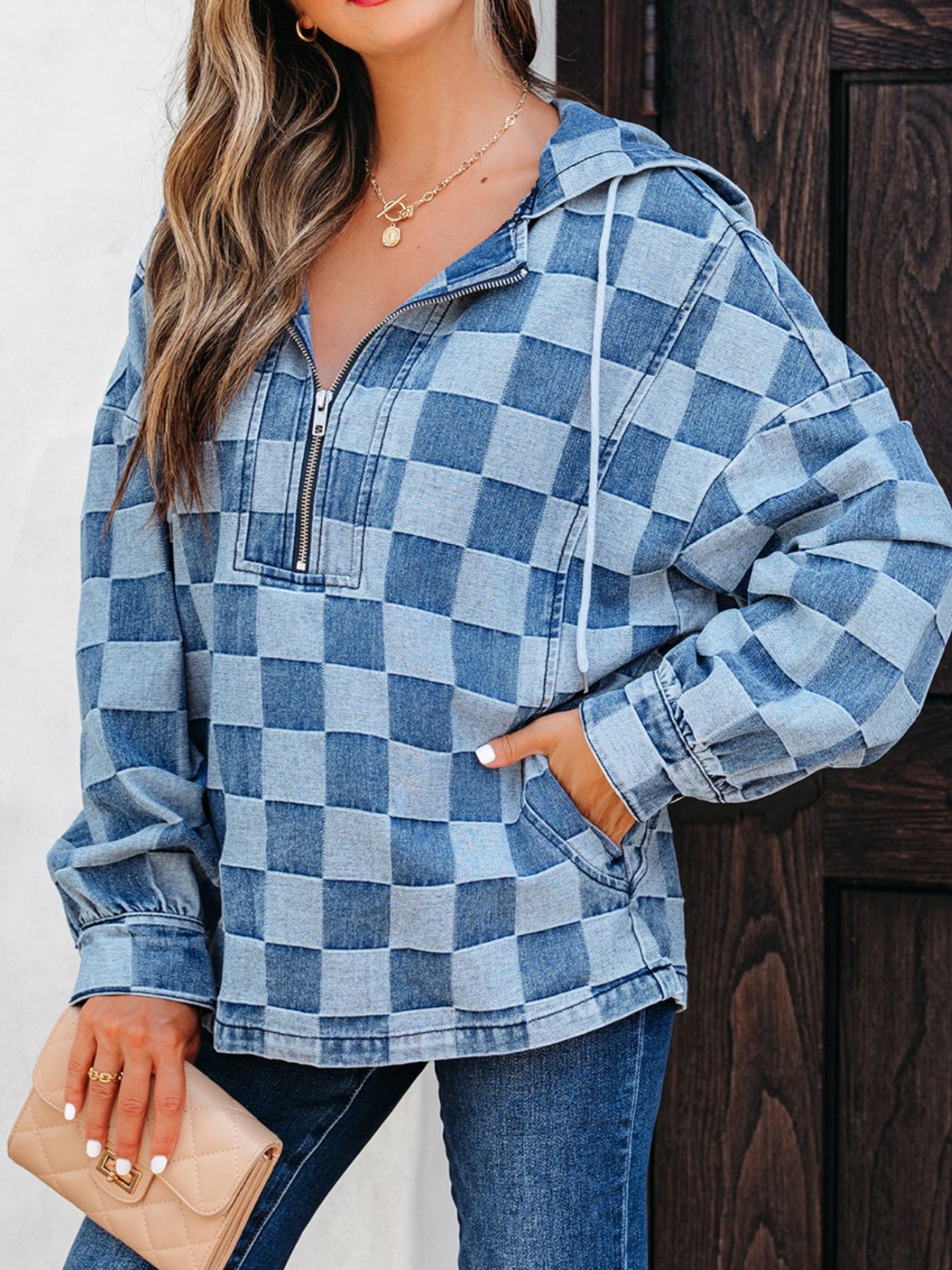 Checkered Half Zip Denim Hoodie Top