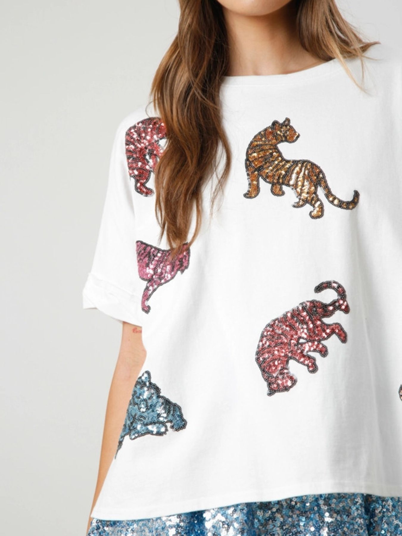Sequin Tiger Round Neck T-Shirt