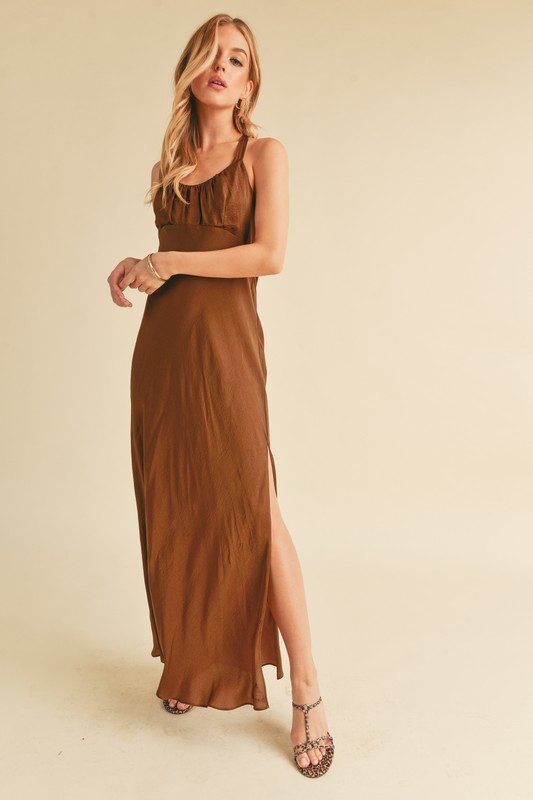 Ruched Side Slit Cutout Back Maxi Cami Dress