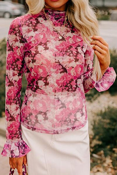 Floral Turtleneck Flounce Sleeve Blouse - Premium Quality