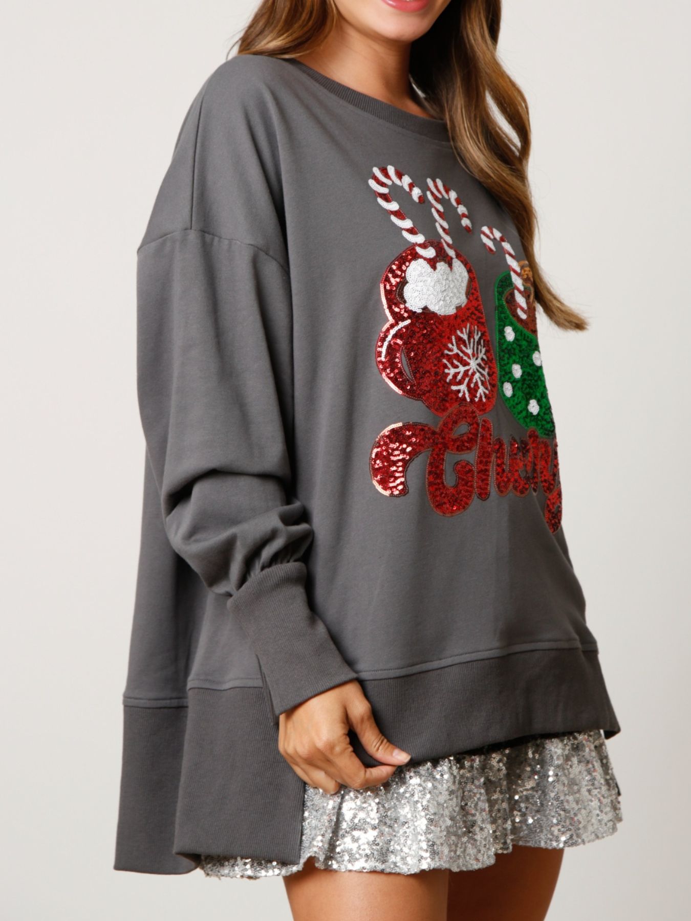 Christmas Sequin High-Low Round Neck Sweatshirt