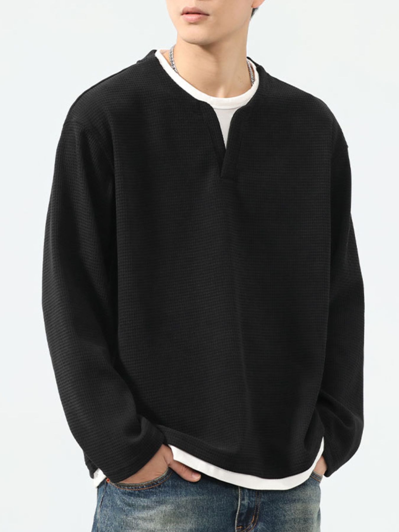 Men's Plus Size Waffle Knit Long Sleeve Top